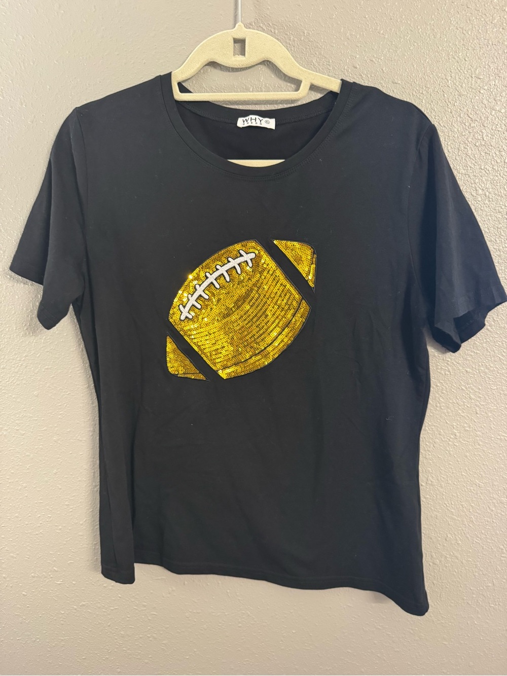 Ladies Black Tee with Gold Sequin Football